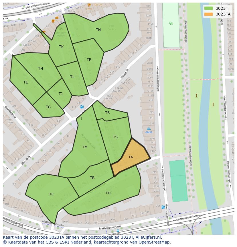 Afbeelding van het postcodegebied 3023 TA op de kaart.