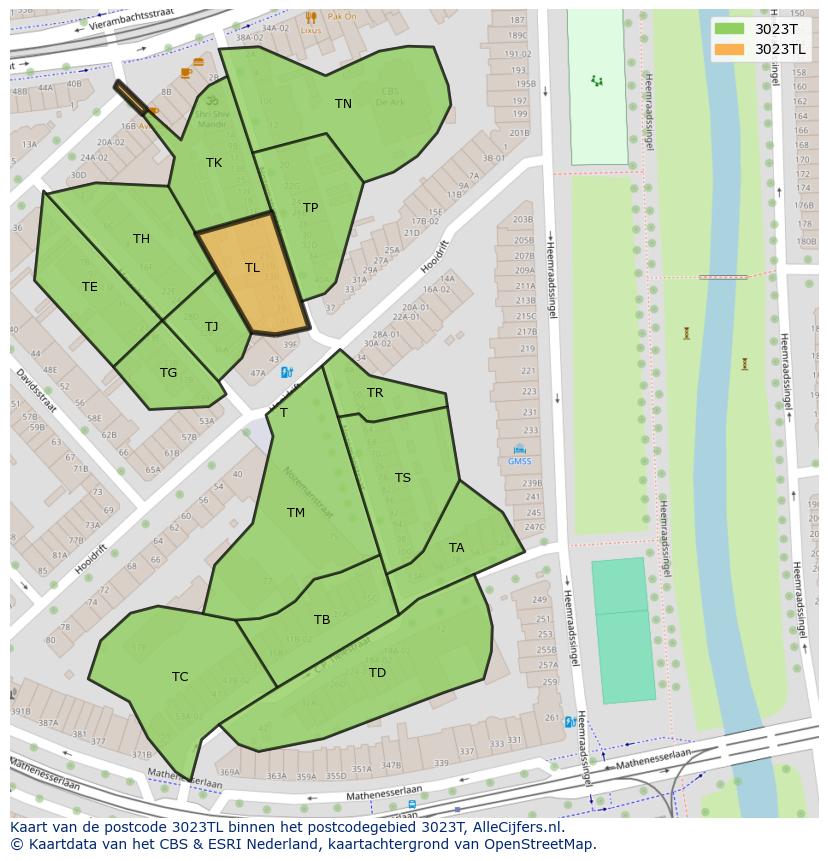 Afbeelding van het postcodegebied 3023 TL op de kaart.