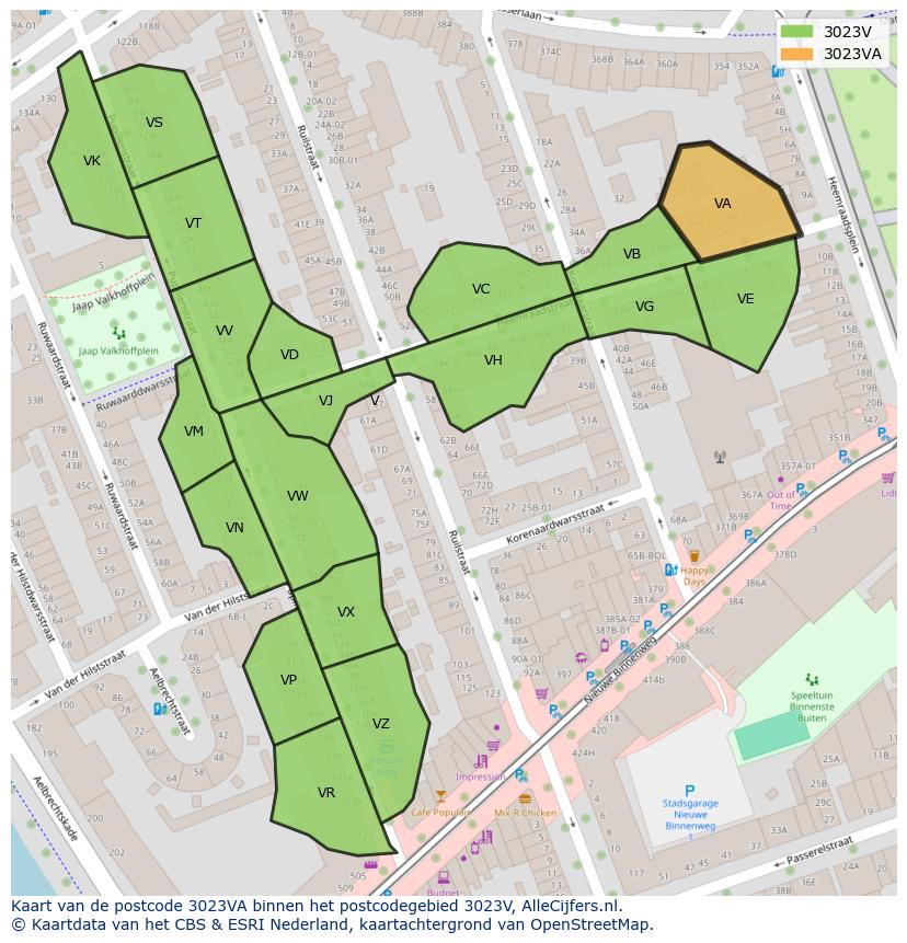 Afbeelding van het postcodegebied 3023 VA op de kaart.