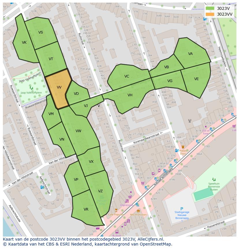 Afbeelding van het postcodegebied 3023 VV op de kaart.
