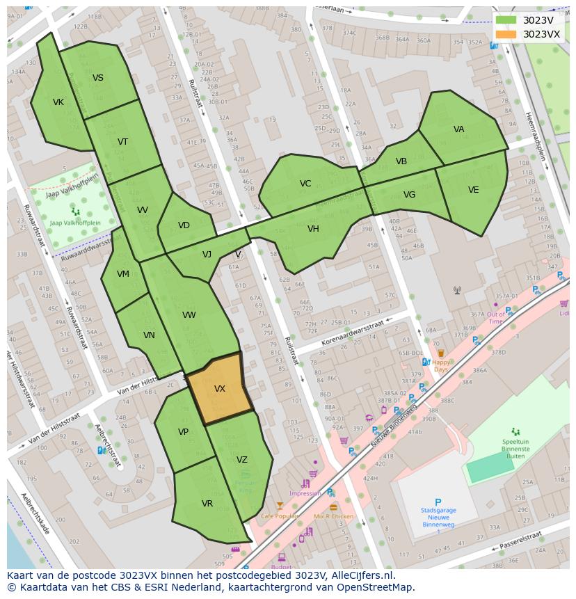 Afbeelding van het postcodegebied 3023 VX op de kaart.