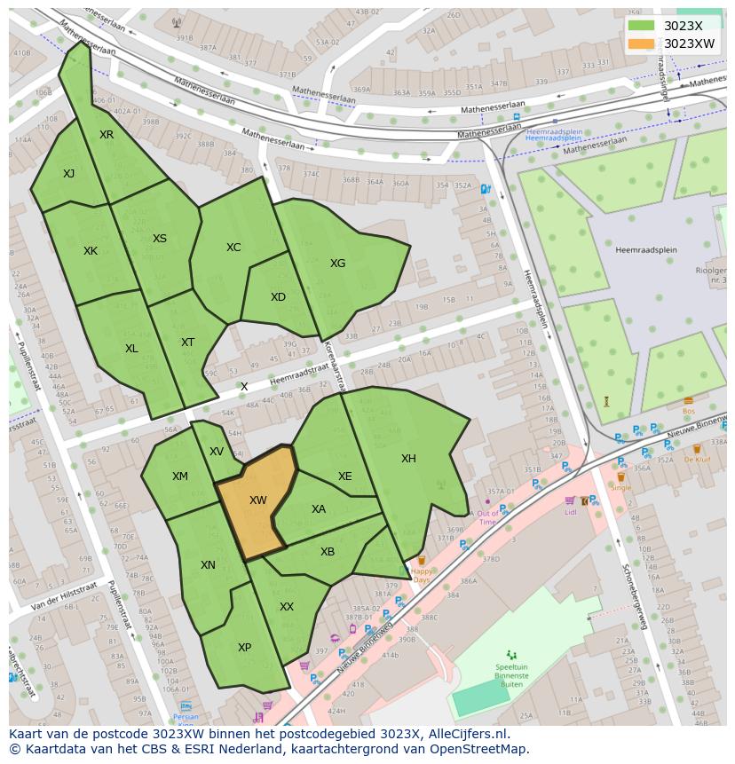Afbeelding van het postcodegebied 3023 XW op de kaart.