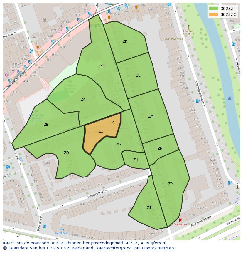 Afbeelding van het postcodegebied 3023 ZC op de kaart.
