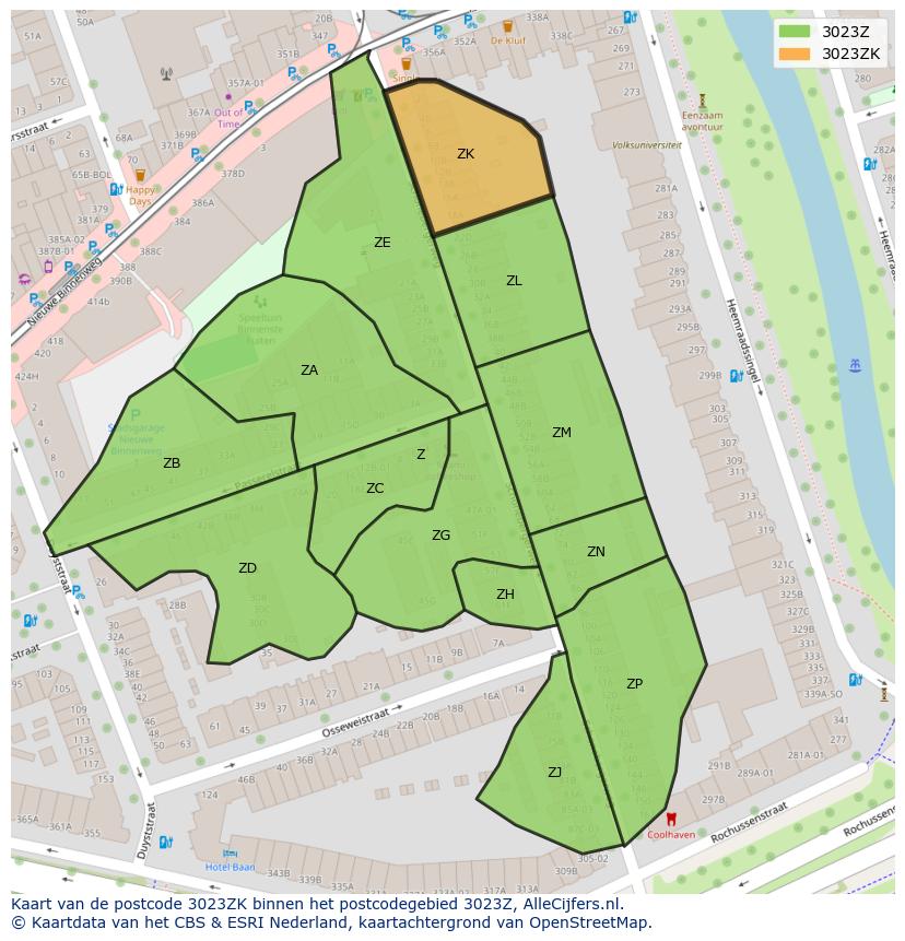 Afbeelding van het postcodegebied 3023 ZK op de kaart.
