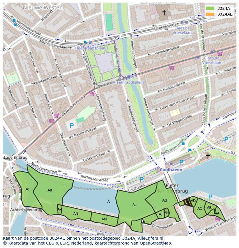 Afbeelding van het postcodegebied 3024 AE op de kaart.