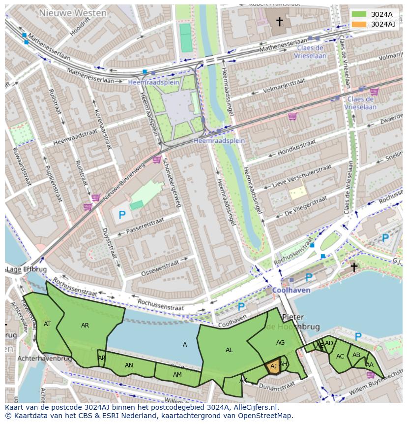 Afbeelding van het postcodegebied 3024 AJ op de kaart.