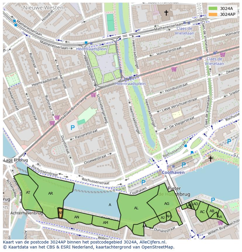 Afbeelding van het postcodegebied 3024 AP op de kaart.