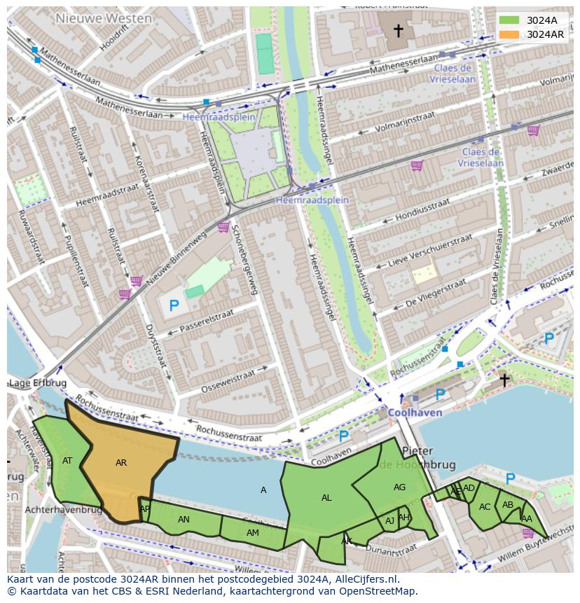 Afbeelding van het postcodegebied 3024 AR op de kaart.