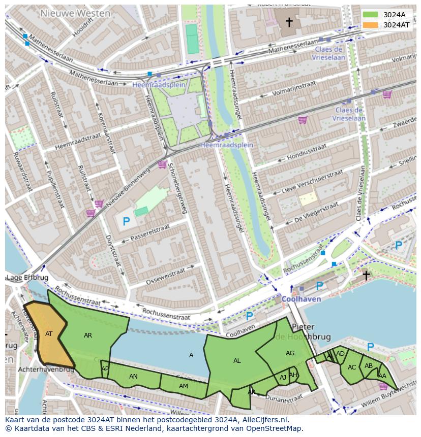 Afbeelding van het postcodegebied 3024 AT op de kaart.