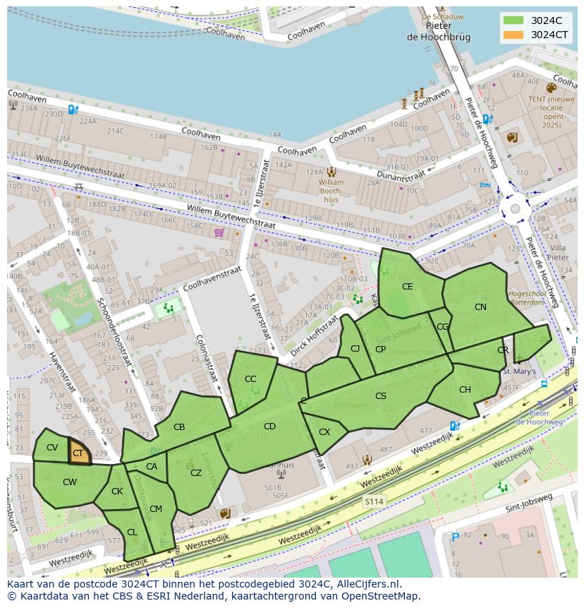 Afbeelding van het postcodegebied 3024 CT op de kaart.