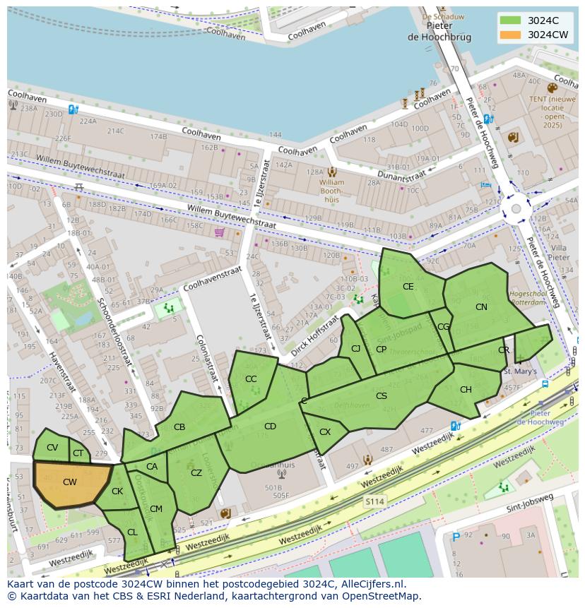 Afbeelding van het postcodegebied 3024 CW op de kaart.