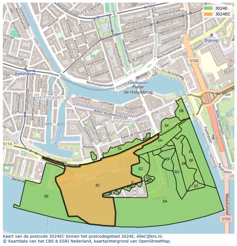 Afbeelding van het postcodegebied 3024 EC op de kaart.