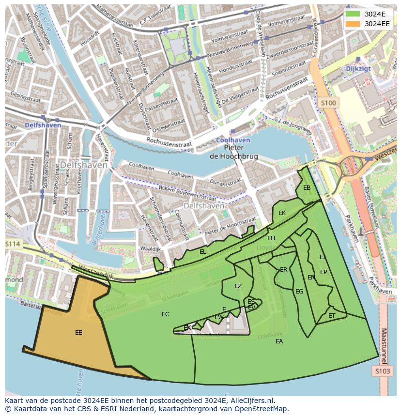 Afbeelding van het postcodegebied 3024 EE op de kaart.