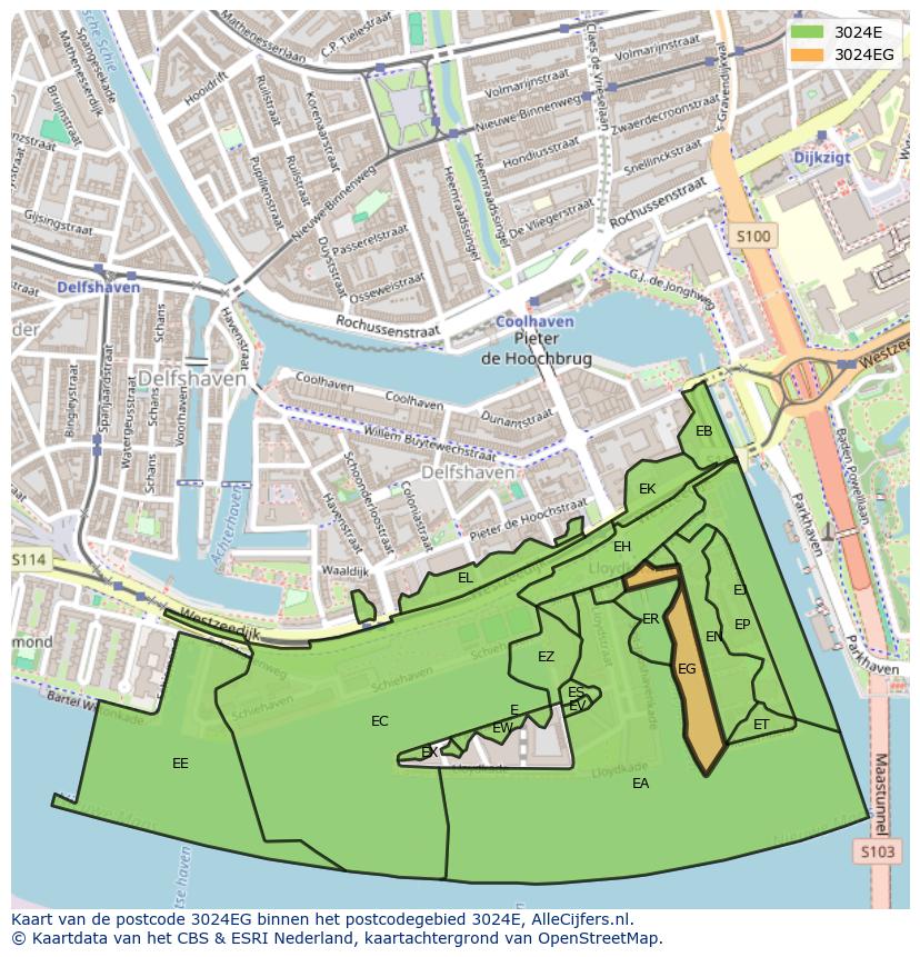 Afbeelding van het postcodegebied 3024 EG op de kaart.