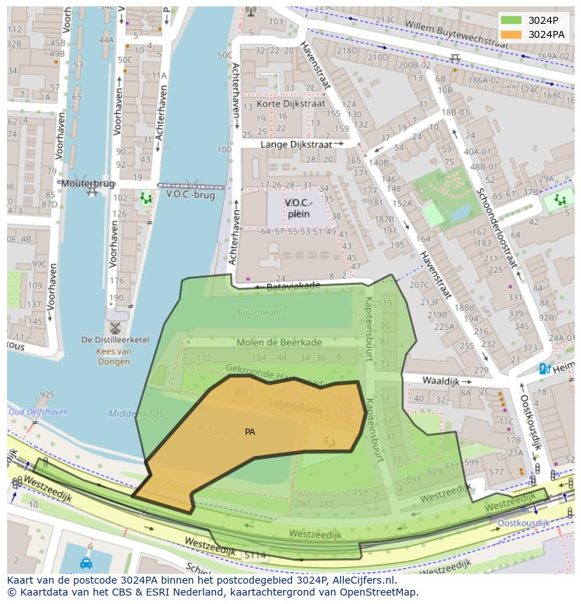 Afbeelding van het postcodegebied 3024 PA op de kaart.