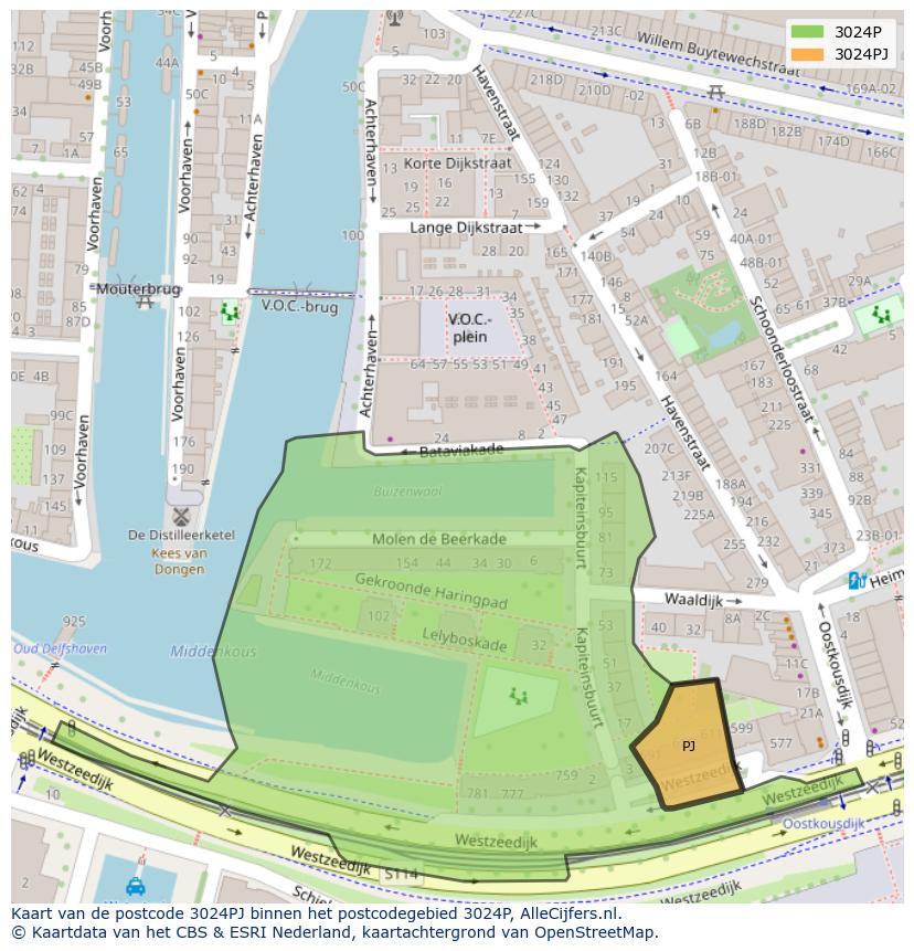Afbeelding van het postcodegebied 3024 PJ op de kaart.