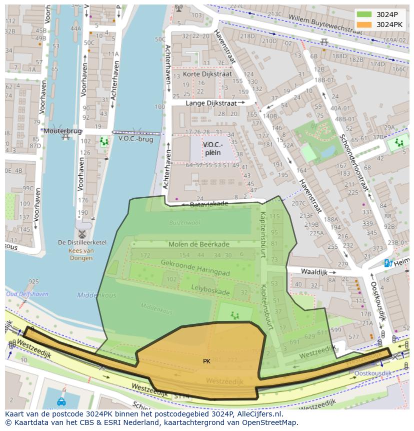 Afbeelding van het postcodegebied 3024 PK op de kaart.