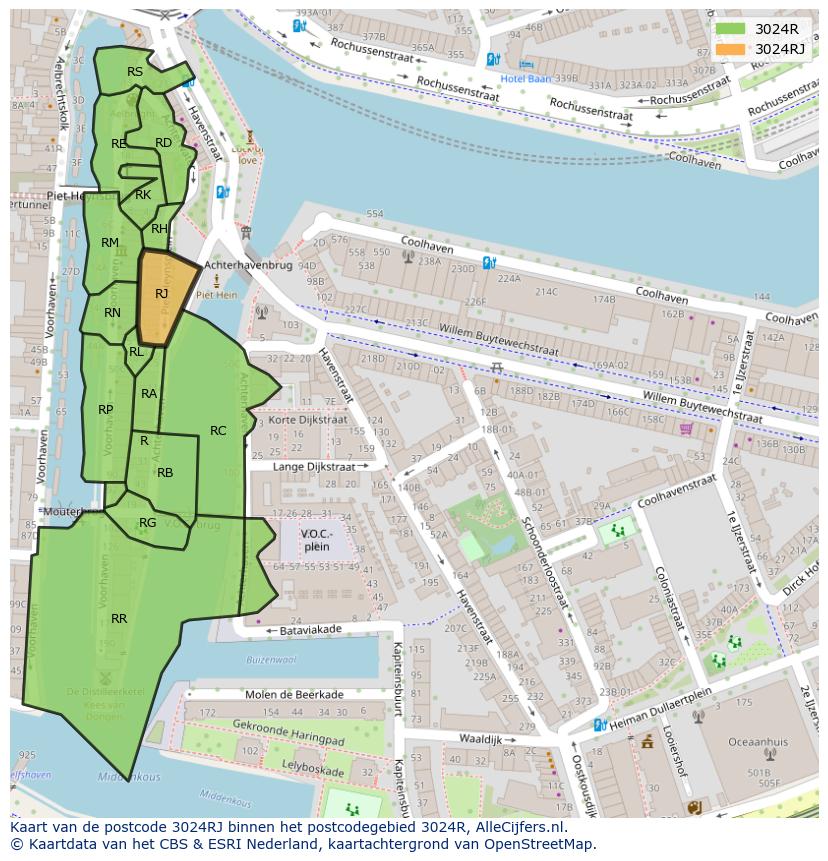 Afbeelding van het postcodegebied 3024 RJ op de kaart.