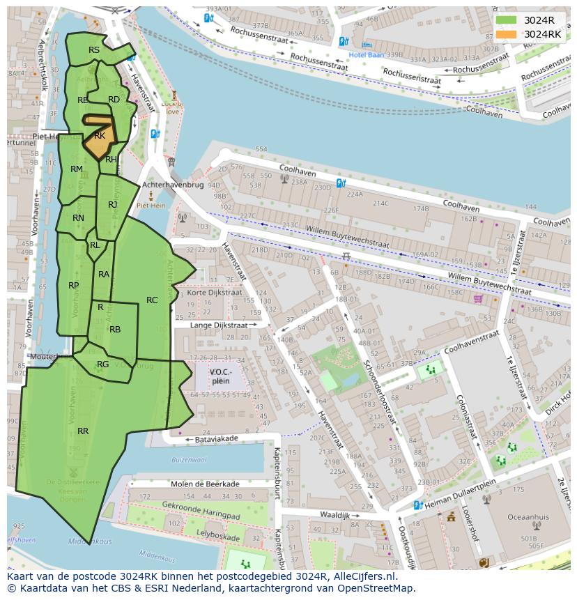 Afbeelding van het postcodegebied 3024 RK op de kaart.