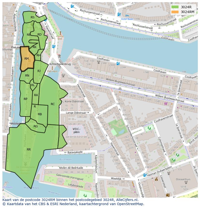 Afbeelding van het postcodegebied 3024 RM op de kaart.