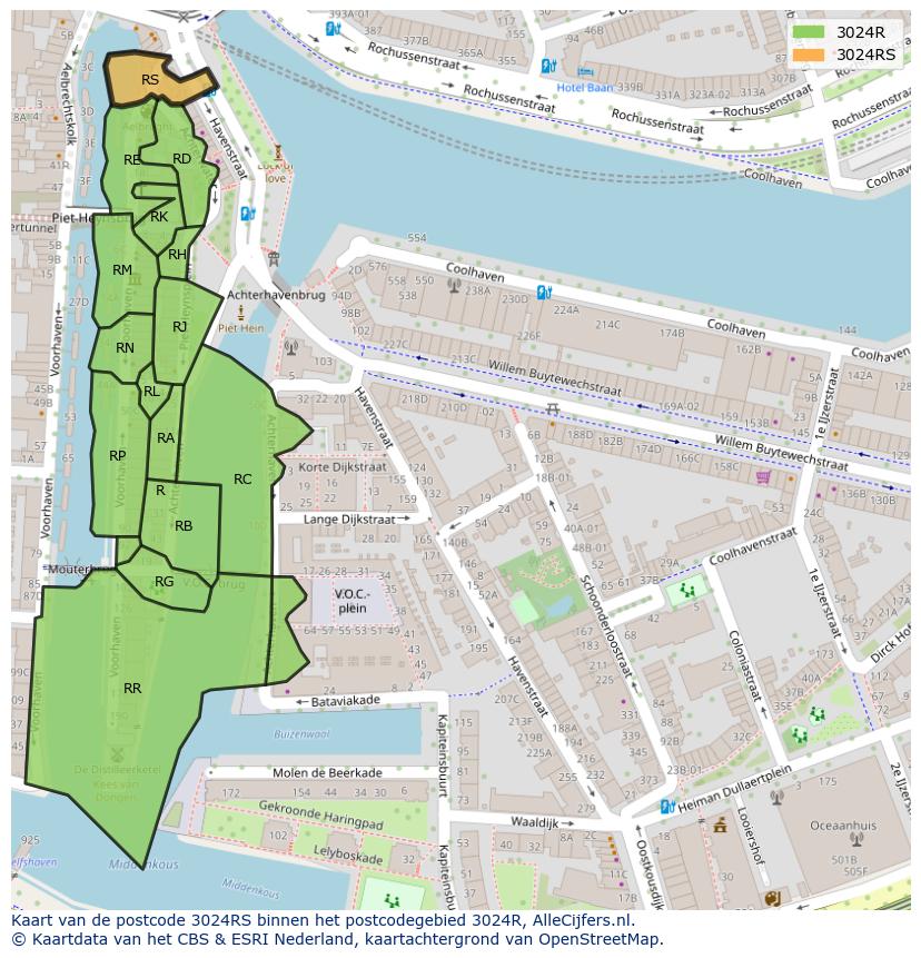 Afbeelding van het postcodegebied 3024 RS op de kaart.