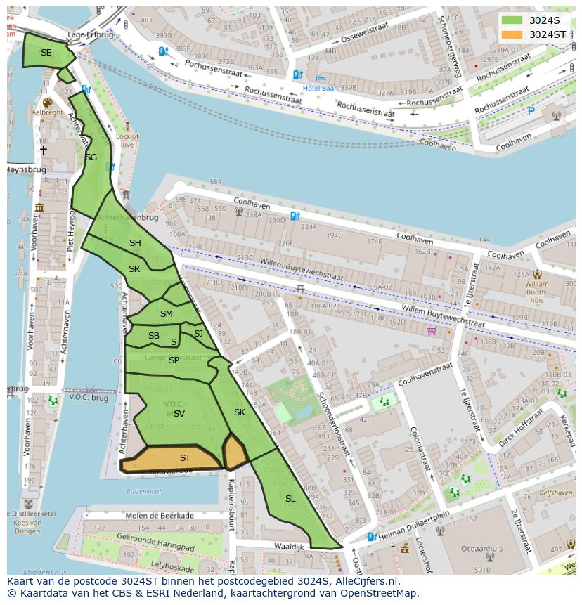 Afbeelding van het postcodegebied 3024 ST op de kaart.