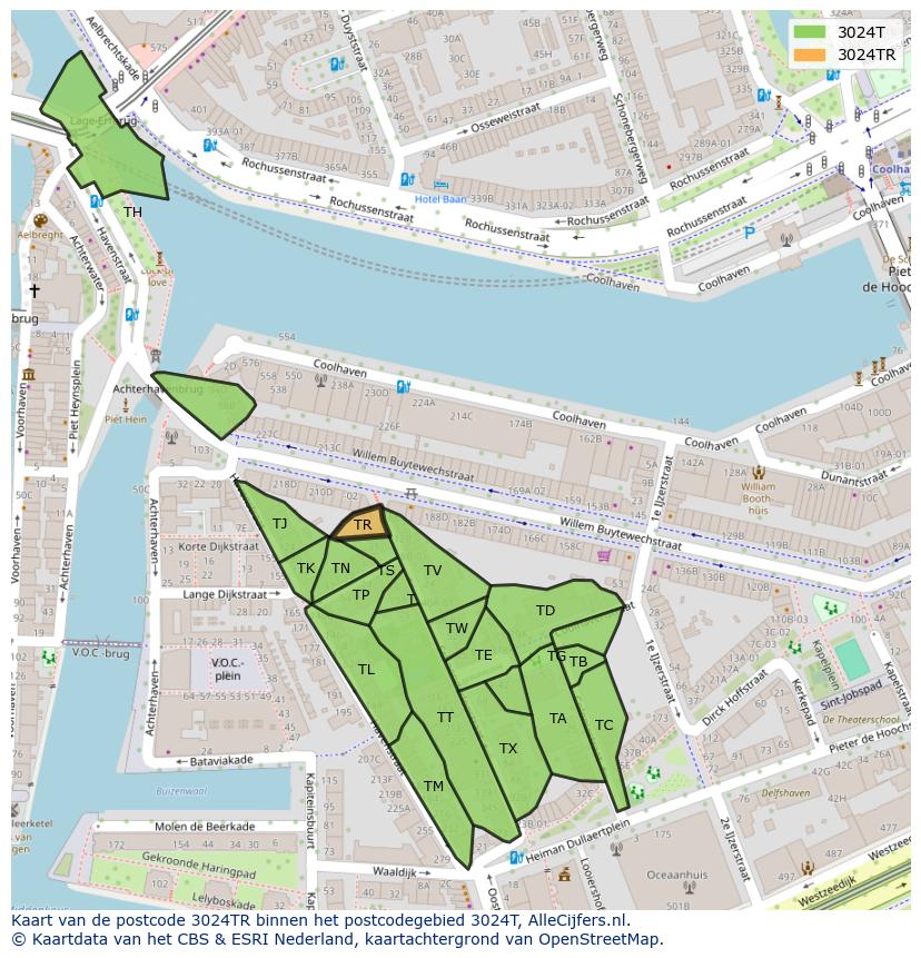 Afbeelding van het postcodegebied 3024 TR op de kaart.