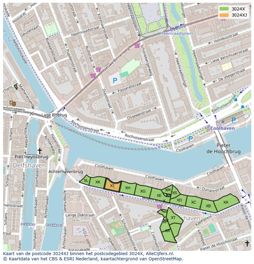 Afbeelding van het postcodegebied 3024 XJ op de kaart.