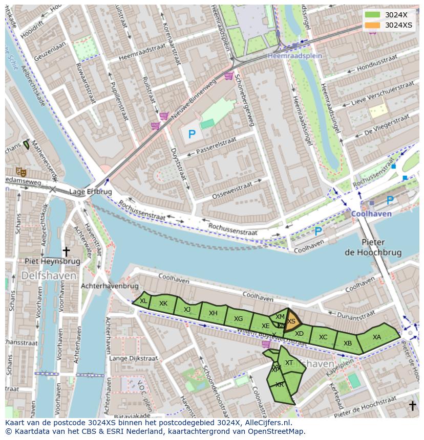 Afbeelding van het postcodegebied 3024 XS op de kaart.