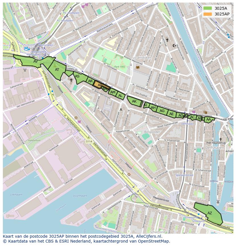 Afbeelding van het postcodegebied 3025 AP op de kaart.