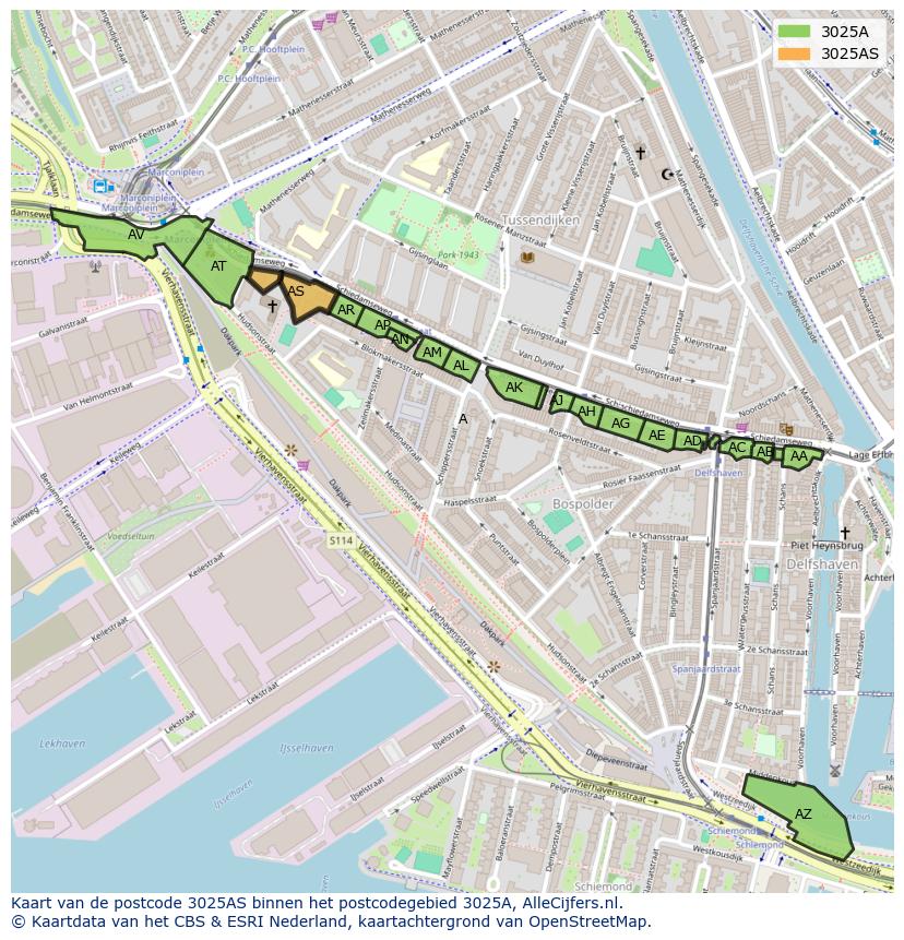 Afbeelding van het postcodegebied 3025 AS op de kaart.