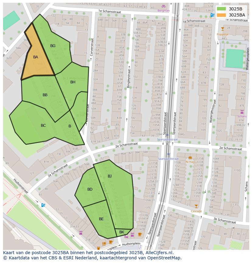 Afbeelding van het postcodegebied 3025 BA op de kaart.