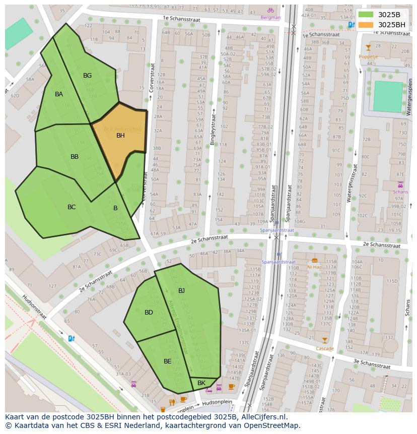 Afbeelding van het postcodegebied 3025 BH op de kaart.