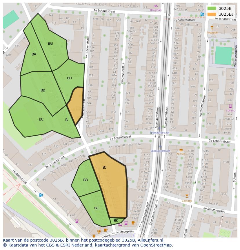 Afbeelding van het postcodegebied 3025 BJ op de kaart.