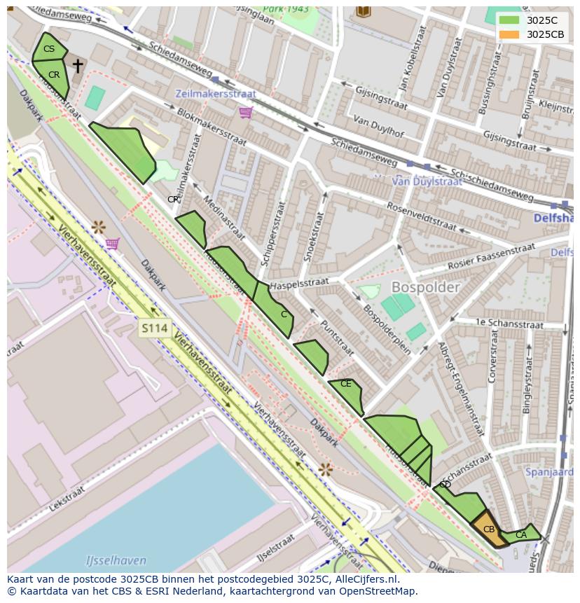 Afbeelding van het postcodegebied 3025 CB op de kaart.