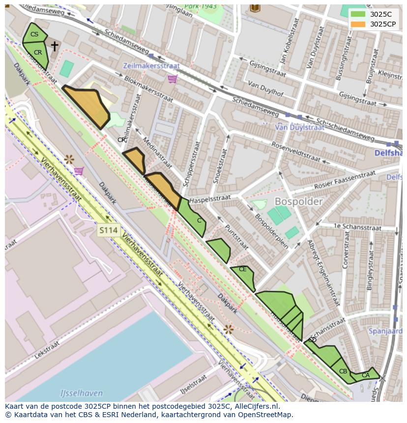 Afbeelding van het postcodegebied 3025 CP op de kaart.