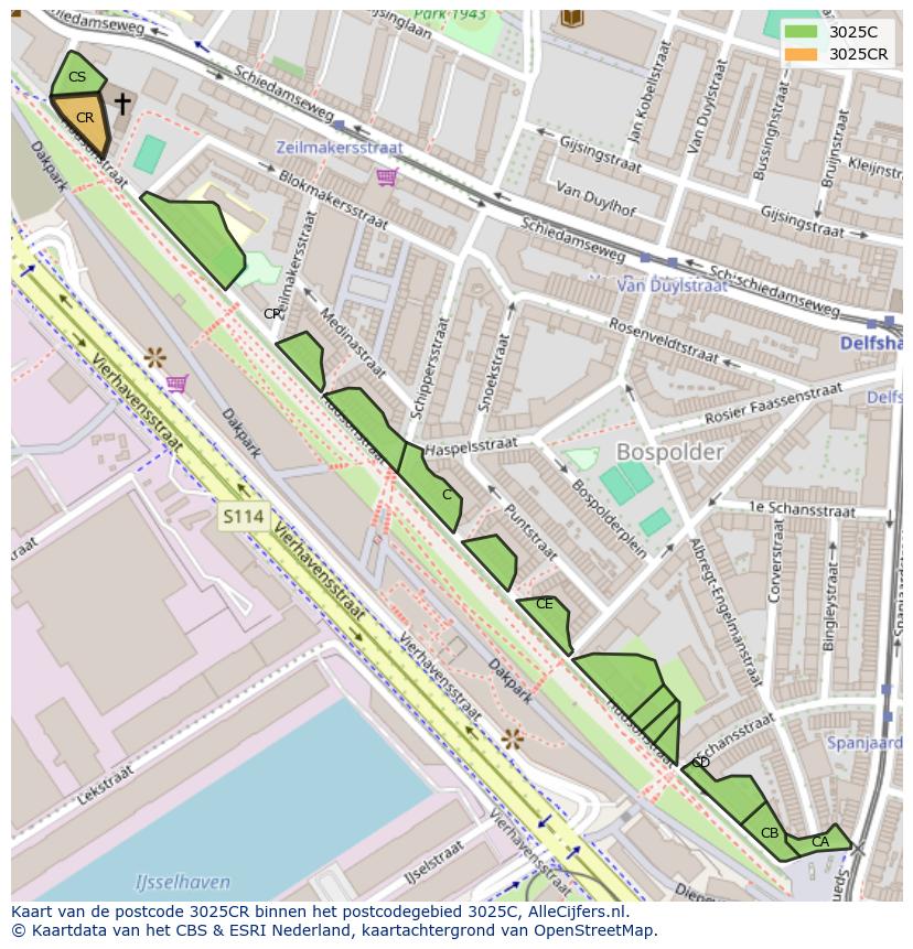 Afbeelding van het postcodegebied 3025 CR op de kaart.