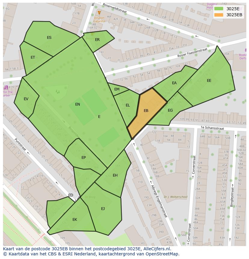 Afbeelding van het postcodegebied 3025 EB op de kaart.