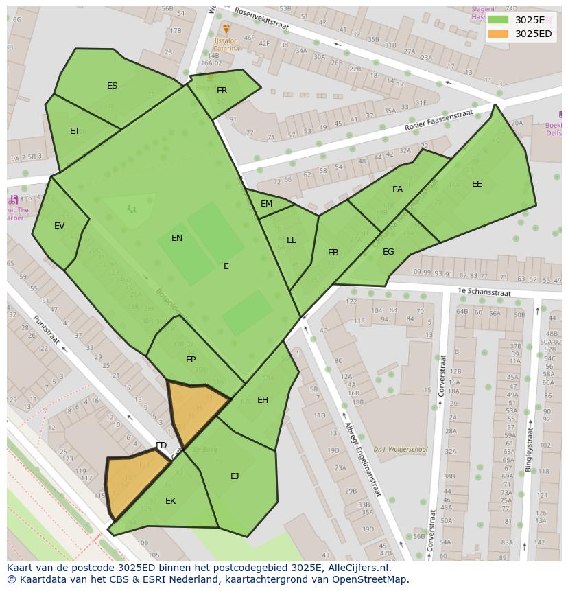 Afbeelding van het postcodegebied 3025 ED op de kaart.