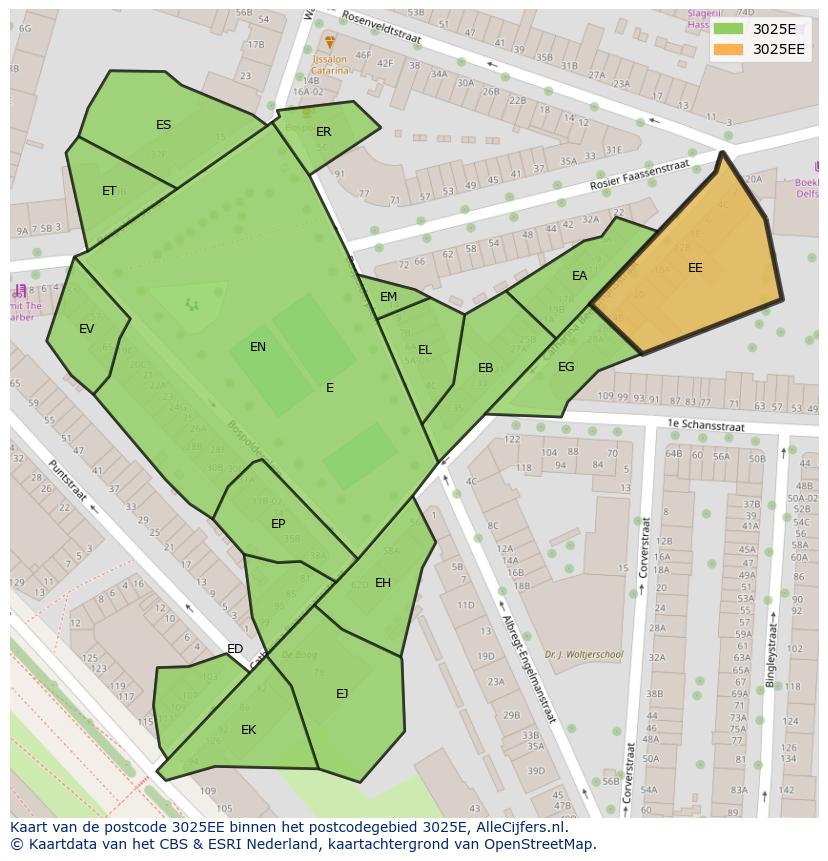 Afbeelding van het postcodegebied 3025 EE op de kaart.