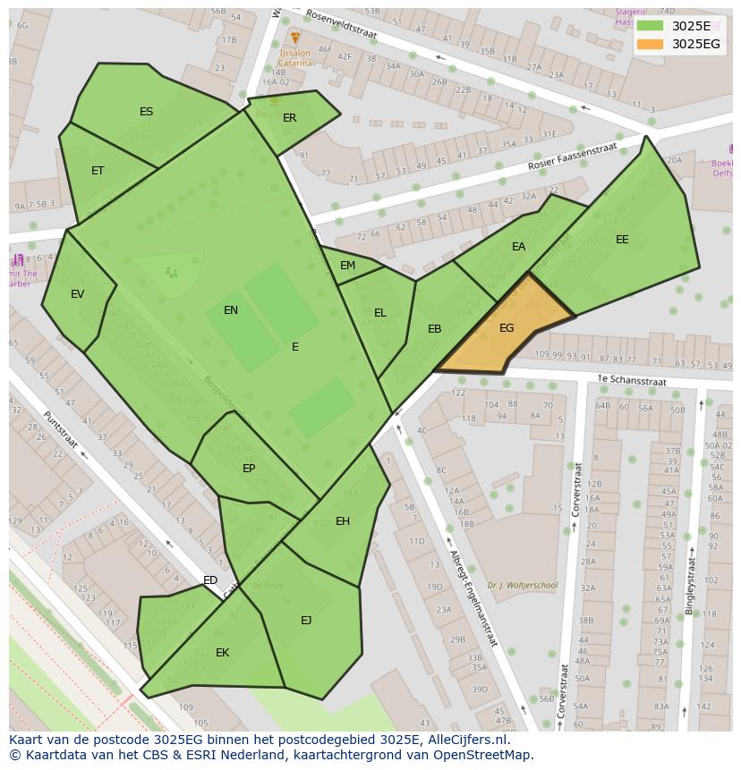 Afbeelding van het postcodegebied 3025 EG op de kaart.