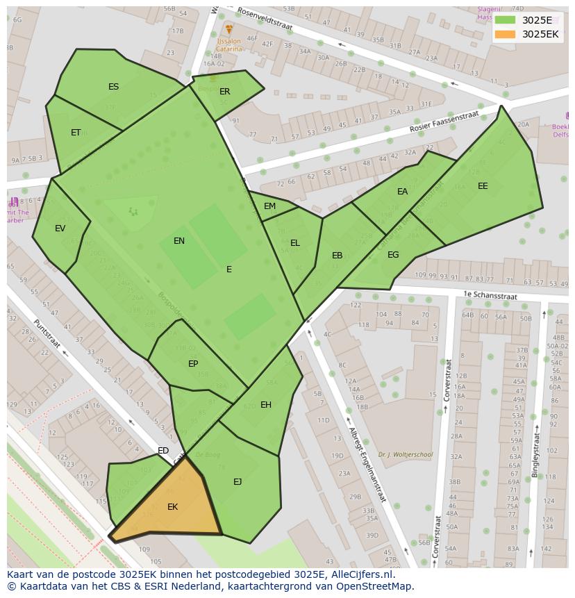 Afbeelding van het postcodegebied 3025 EK op de kaart.