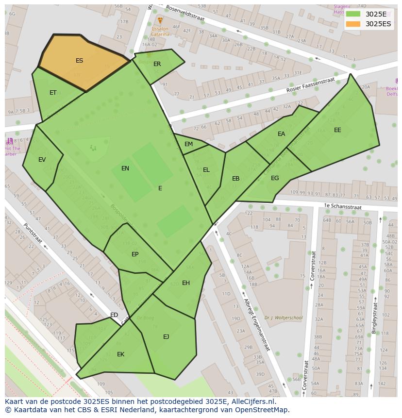 Afbeelding van het postcodegebied 3025 ES op de kaart.