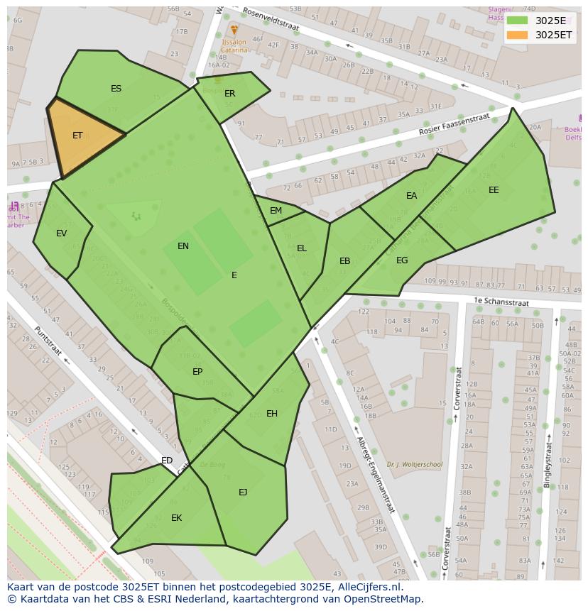 Afbeelding van het postcodegebied 3025 ET op de kaart.