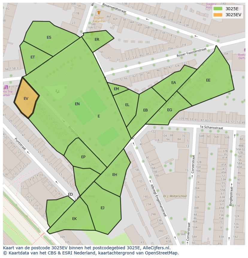 Afbeelding van het postcodegebied 3025 EV op de kaart.