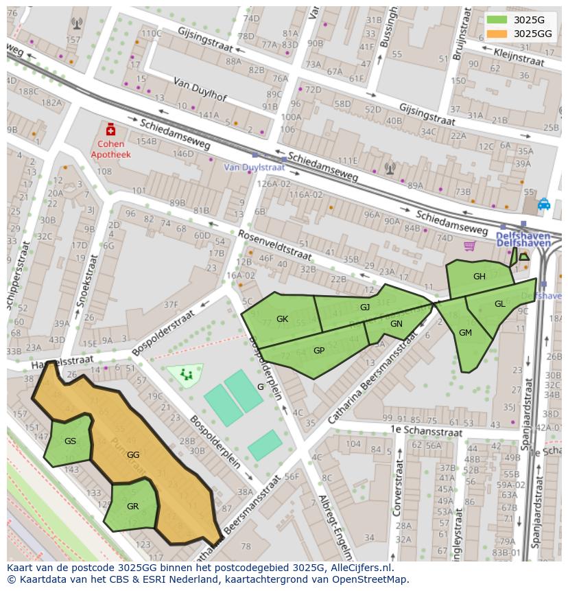 Afbeelding van het postcodegebied 3025 GG op de kaart.