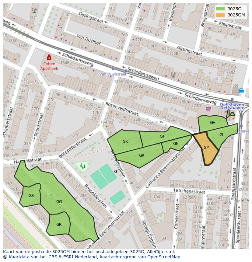 Afbeelding van het postcodegebied 3025 GM op de kaart.