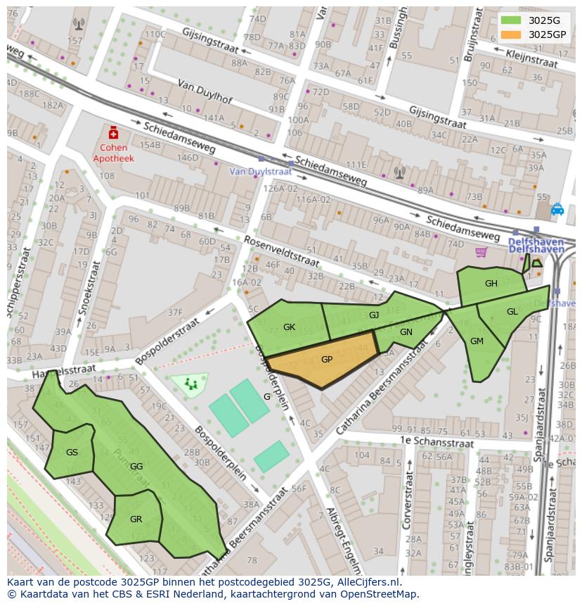 Afbeelding van het postcodegebied 3025 GP op de kaart.