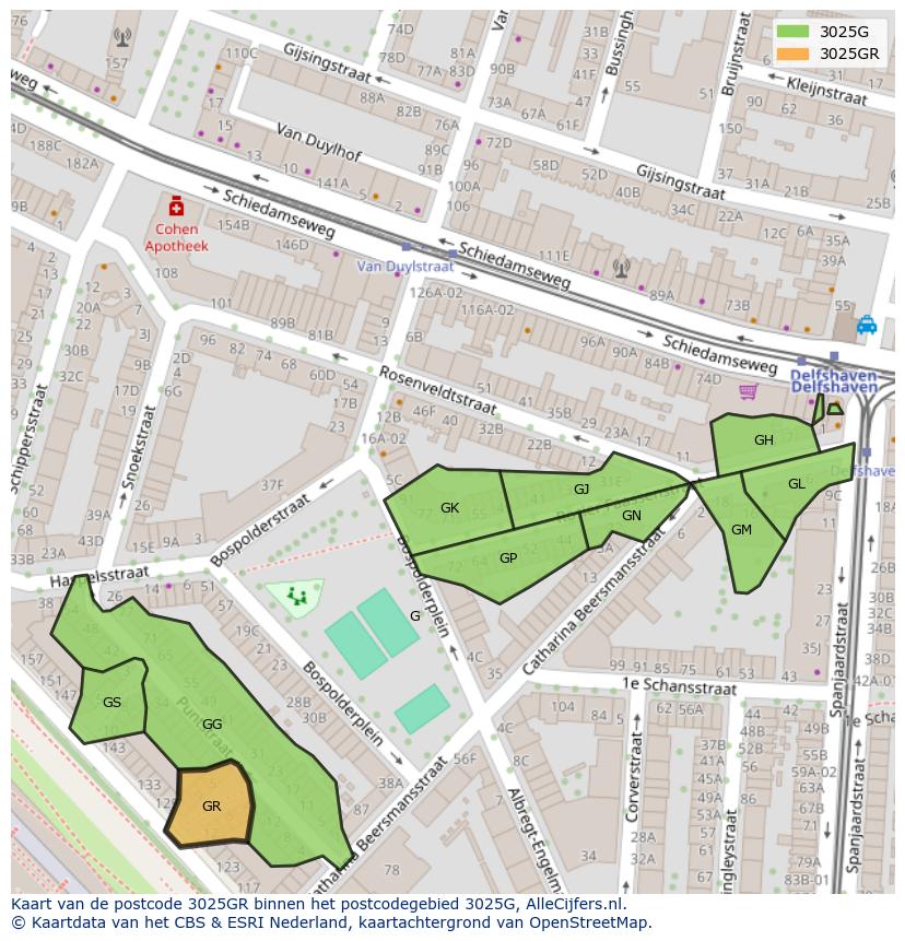 Afbeelding van het postcodegebied 3025 GR op de kaart.