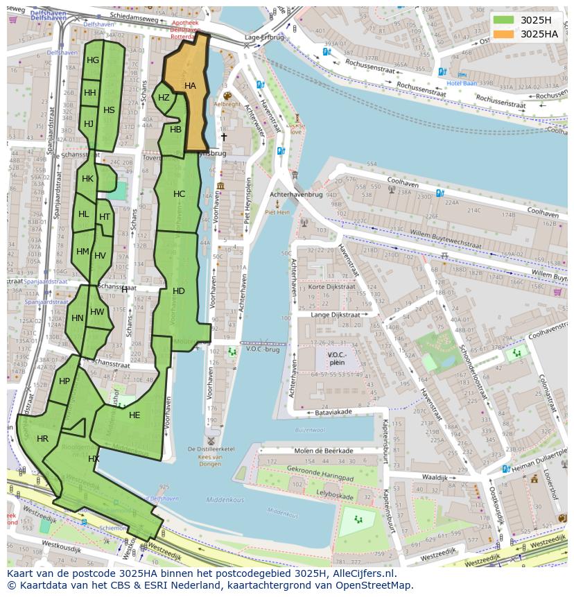 Afbeelding van het postcodegebied 3025 HA op de kaart.